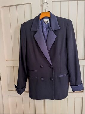 Vintage J.R.I Sandra D. Wang Slate Blue Double Breasted Blazer Oversized 8